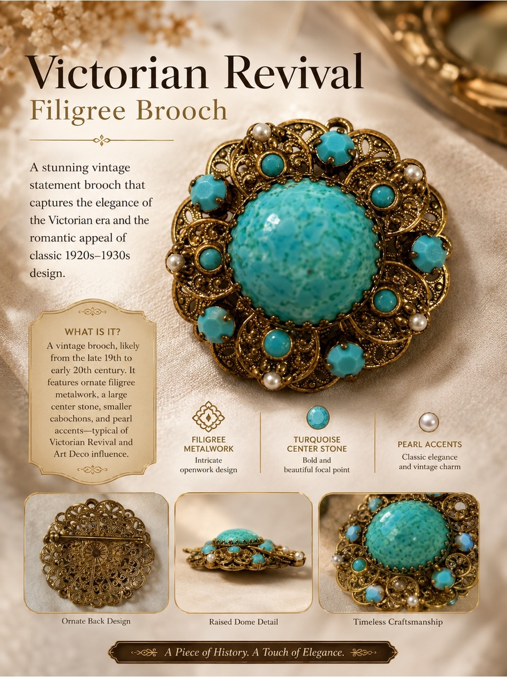 Victorian Revival Filigree Brooch - Turquoise Color Glass and Faux Pearl Accent